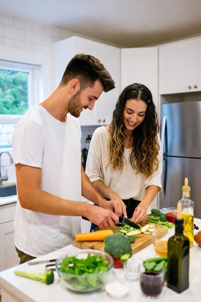 Person preparing healthy food in a calm kitchen
